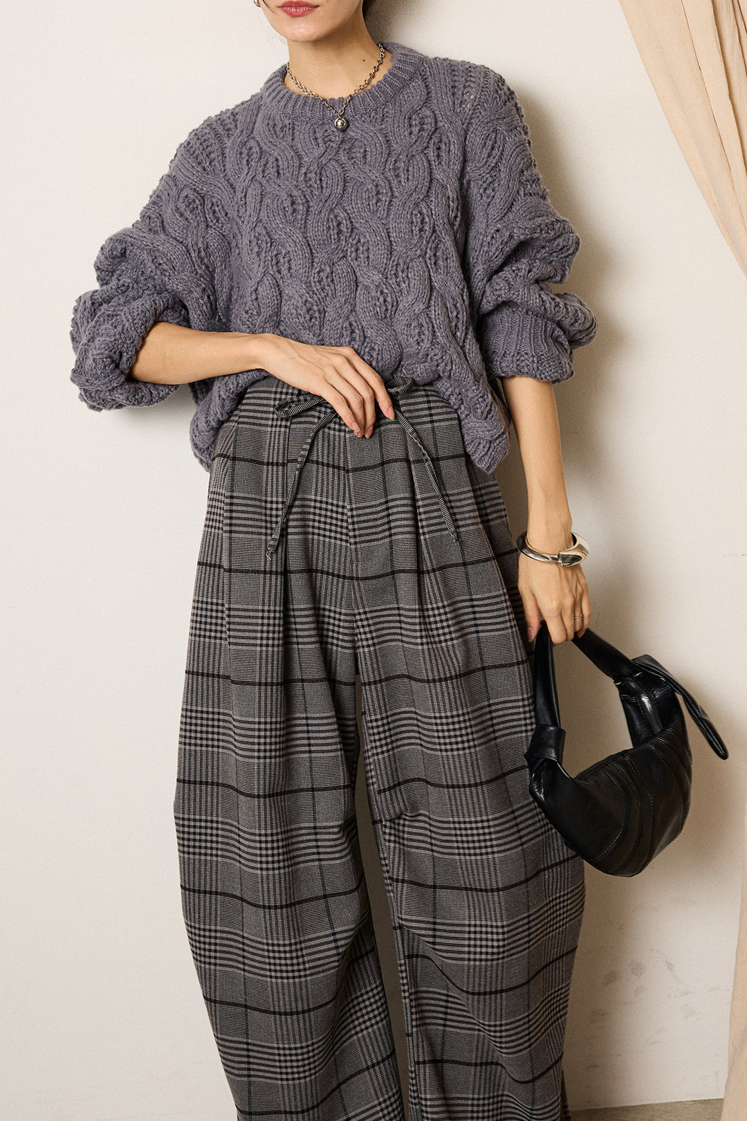 [SET]ケーブルリラックスショートニット+グレンチェックルーズタックパンツ(2set)
