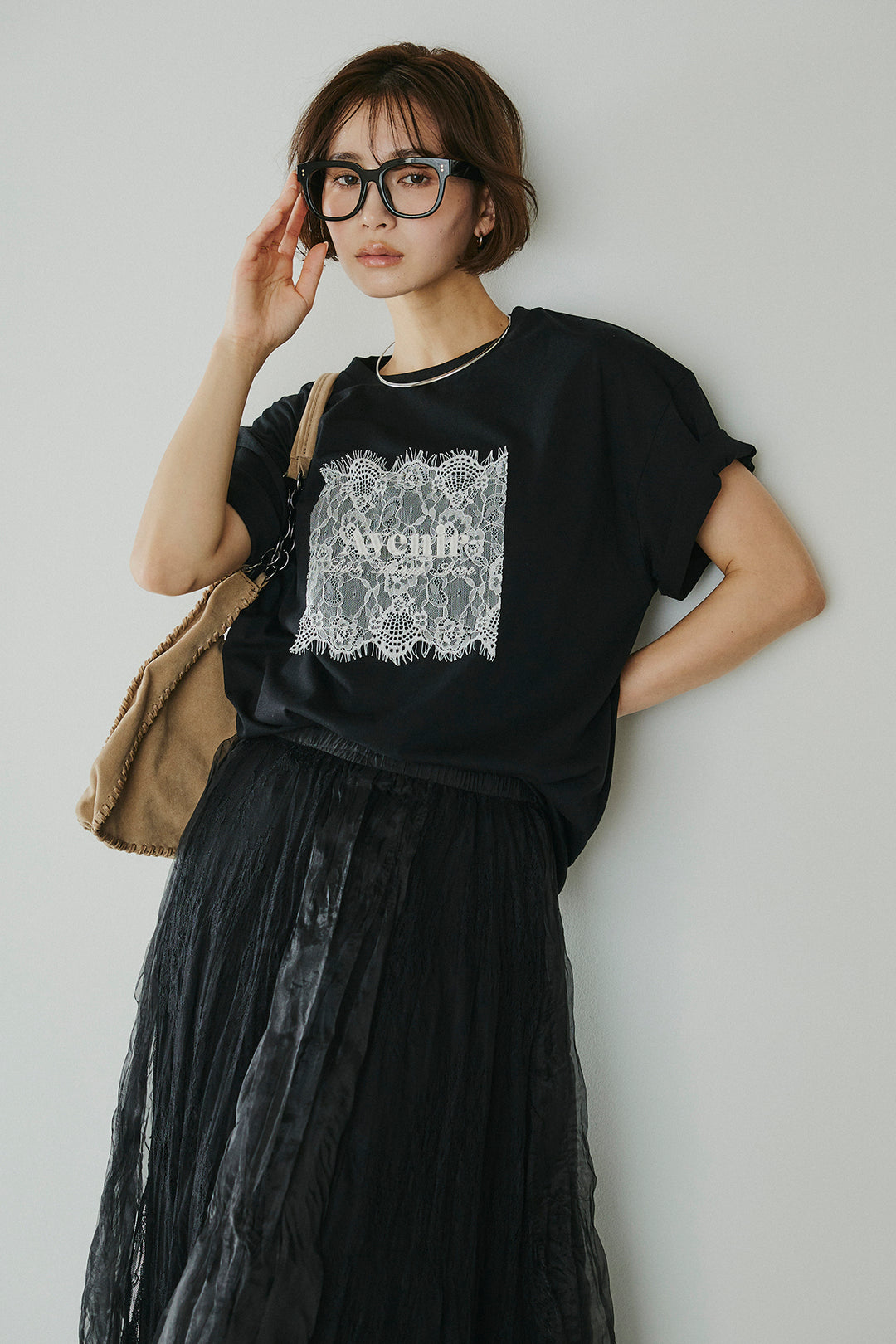 [SET]レースロゴ刺繍Tシャツ+レースコンビワッシャーギャザースカート(2set)
