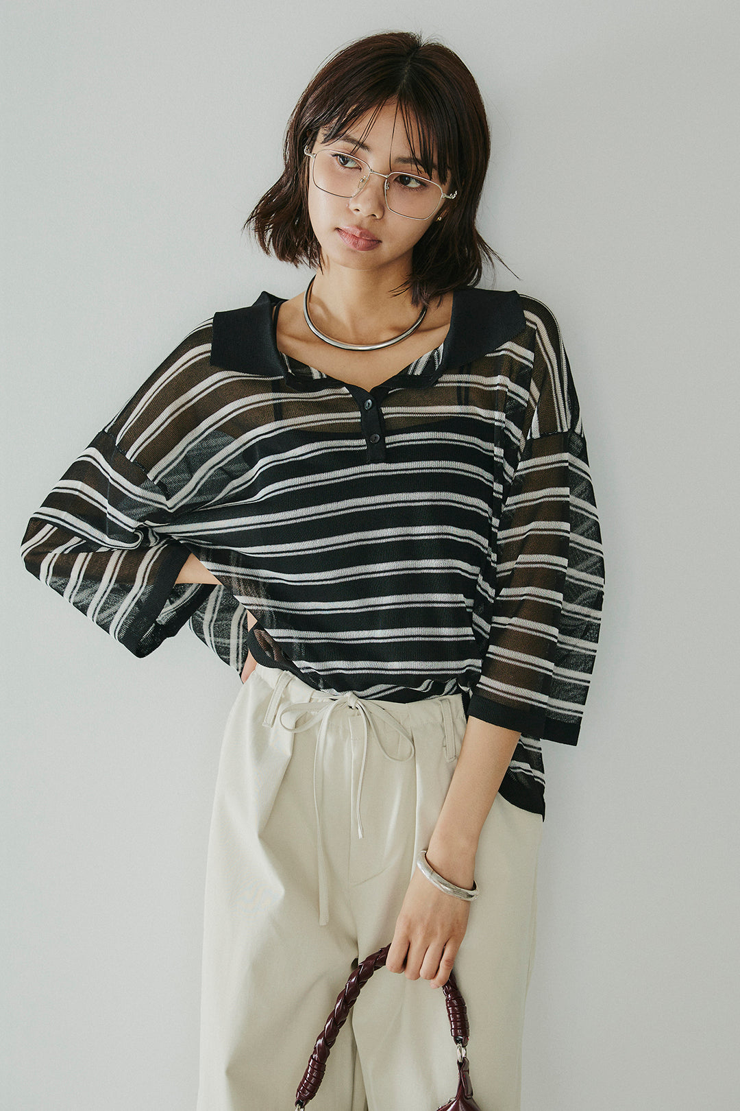 [SET]ボーダーニットポロシャツ+ニーサイドタックウエストドロスパンツ(2set)