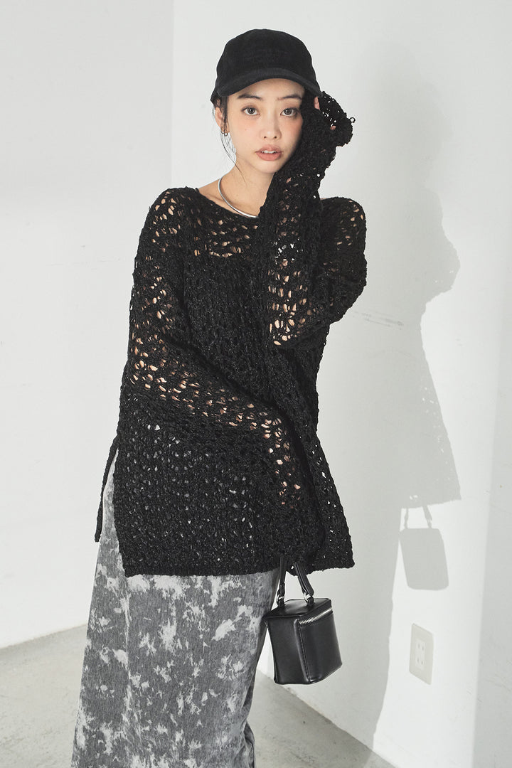 [SET]リラックスメッシュニットトップス+タイダイ柄ベロアワイドスカート(2set)