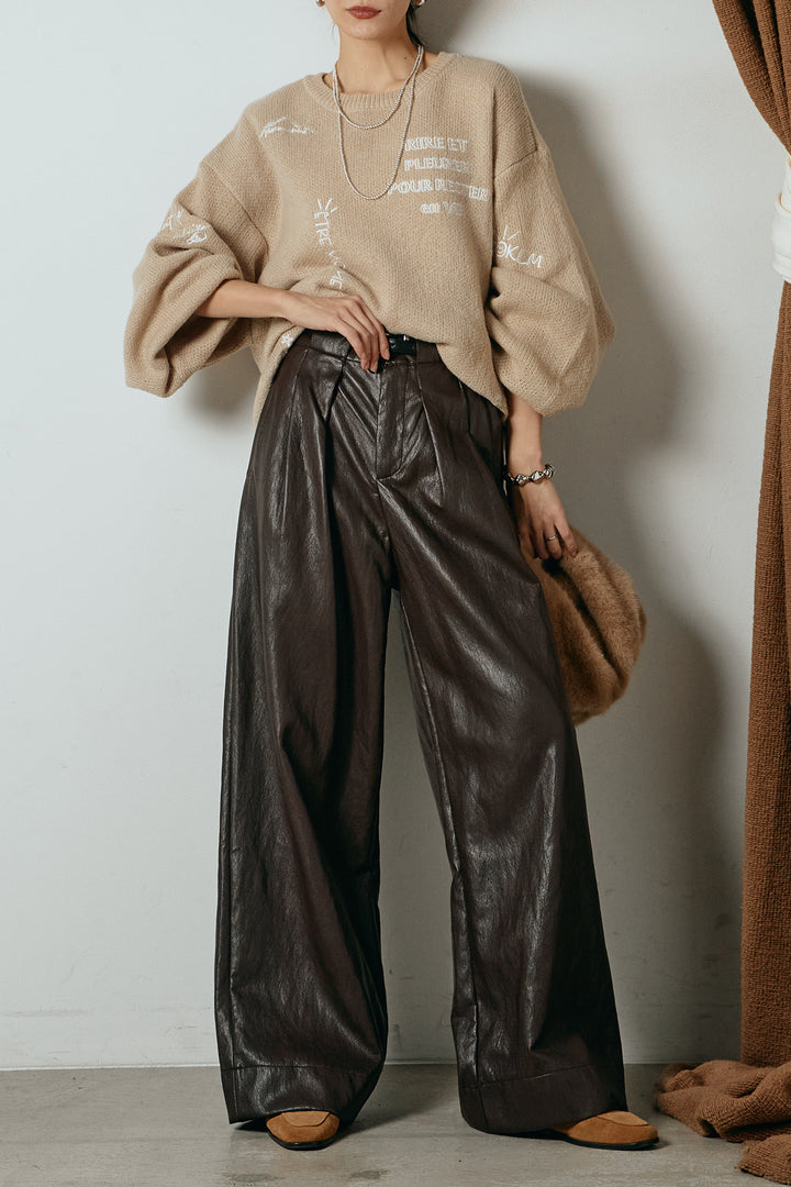 [SET]刺繍ロゴランダムデザインニットトップス+ベルト付きレザーライクタックパンツ(2set)