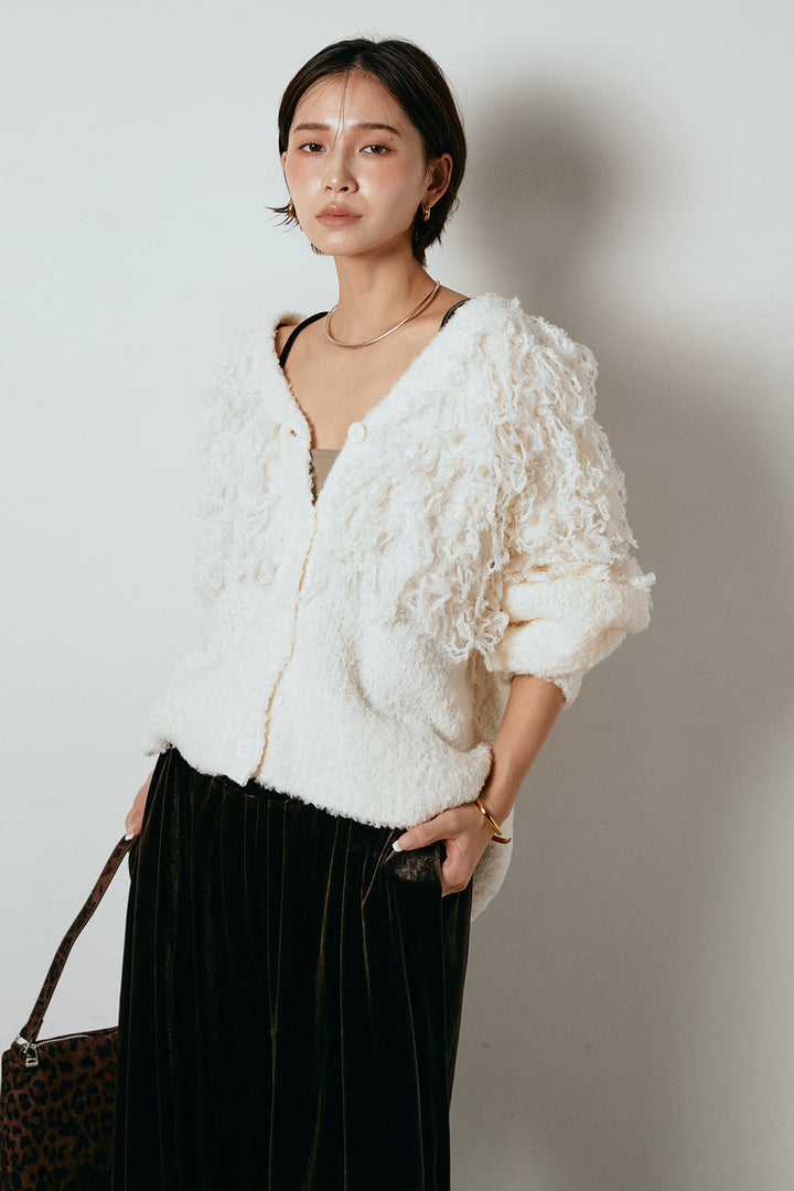 [SET]ループ編みVネックニットカーディガン+ベロアサスペンダー付きパンツ(2set)