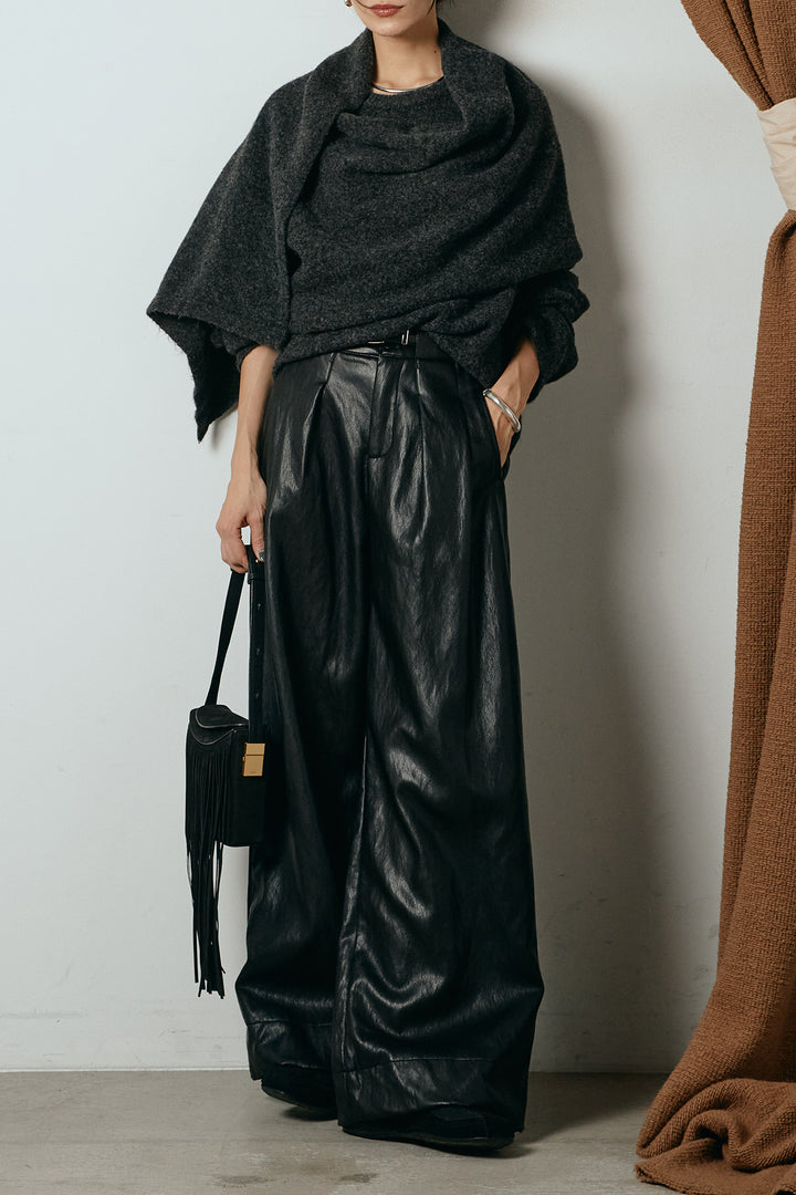 [SET]ネック巻きデザインニットトップス+ベルト付きレザーライクタックパンツ(2set)