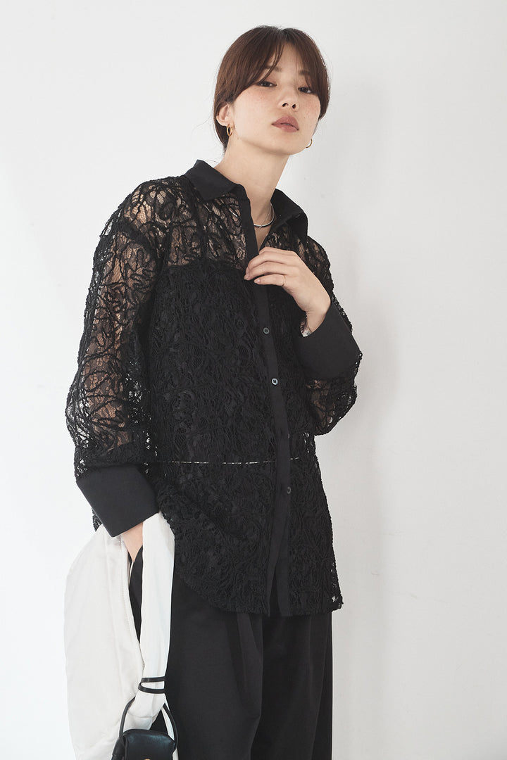 [SET]刺繍レースオーバーサイズシャツ+合繊ツイルパイピングタックカーブパンツ(2set)