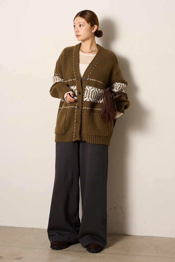 [SET]ライン柄ステッチニットカーディガン+裏起毛スウェットワイドパンツ(2set)