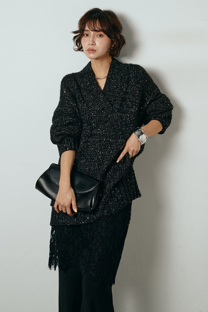 [SET]Vネックラメニットトップス+レース刺繍レイヤードフレアパンツ(2set)