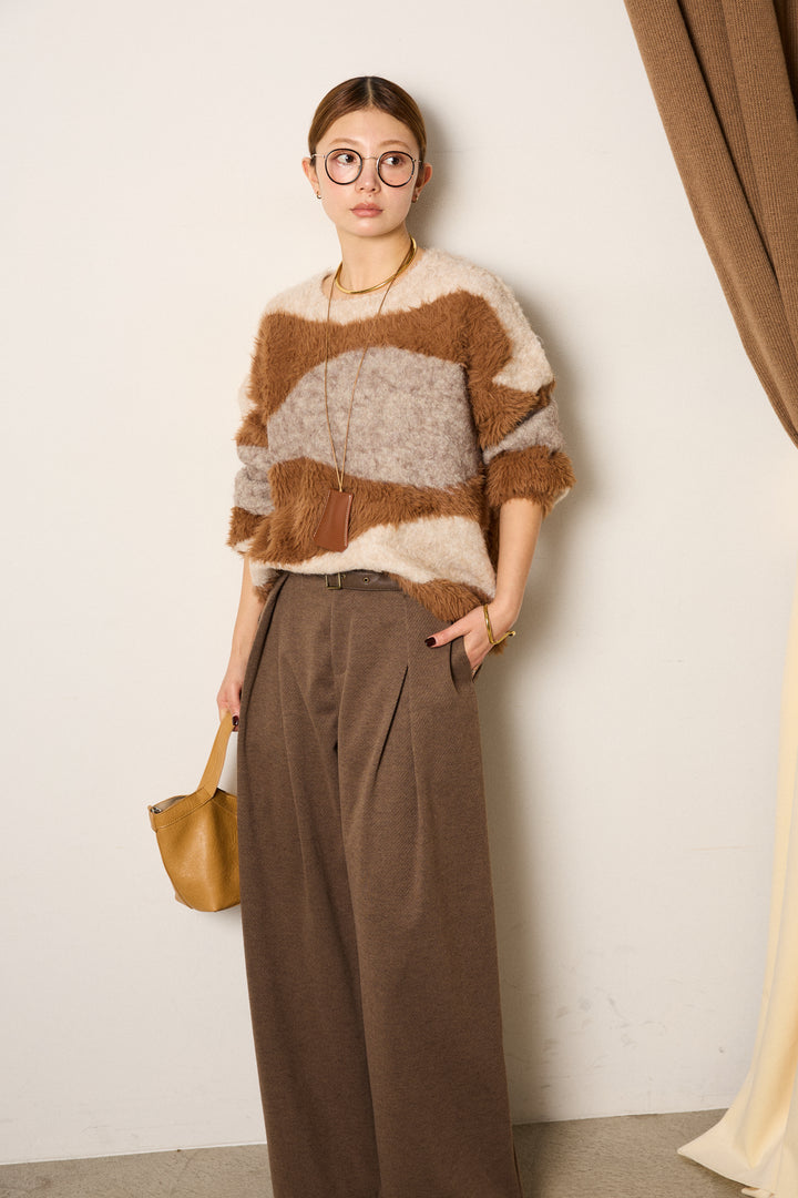 [SET]シャギーウェーブ柄クルーネックニットトップス+細ベルト付き起毛タックワイドパンツ(2set)