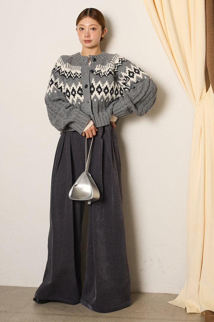 [SET]2WAY求心柄ジャガードショートカーディガン+ベルトループコーデュロイワイドパンツ(2set)