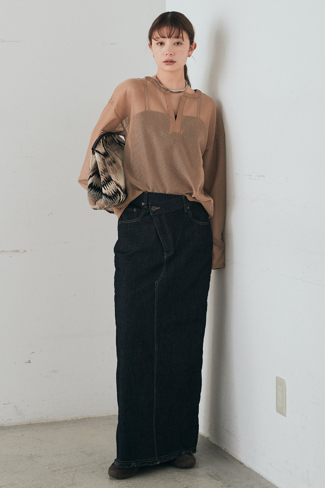 [SET]メッシュカットソースキッパープルオーバー+ウエストクロスデニムタイトスカート(2set)