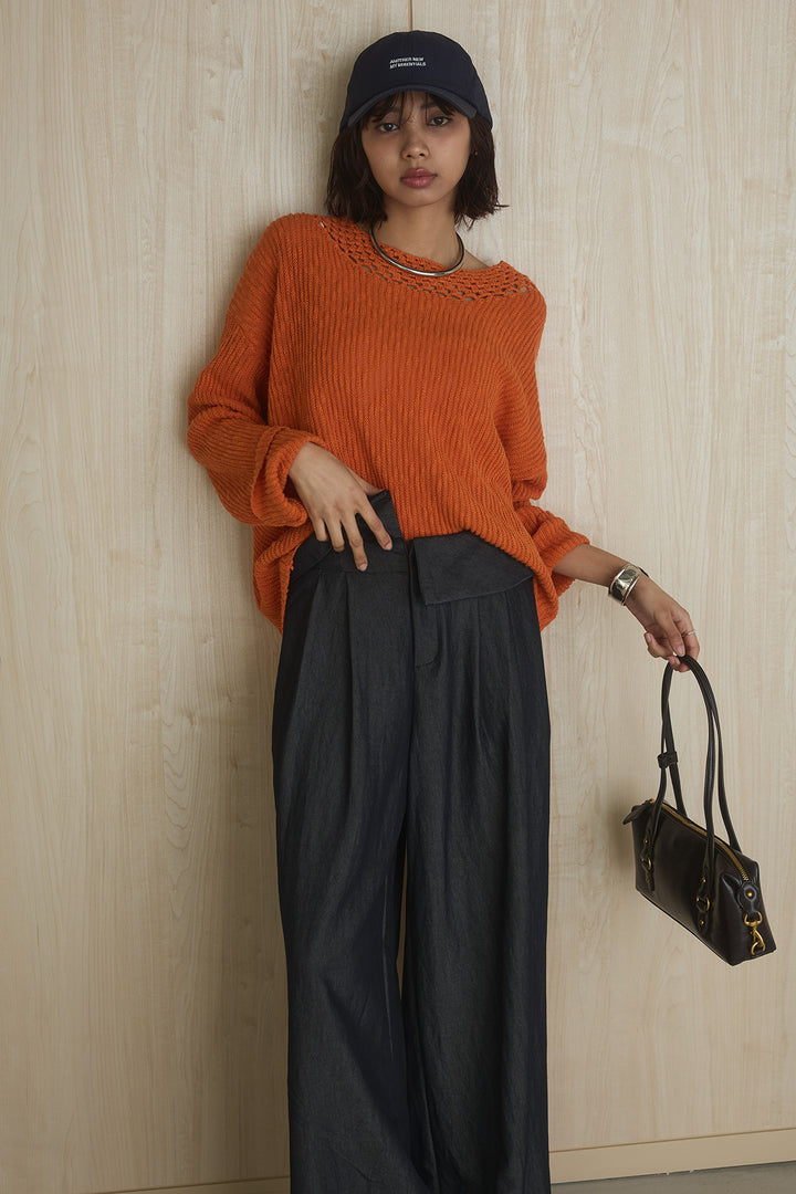 [SET]ネック編みデザインニットトップス+ウエスト折り返しワイドパンツ(2set)