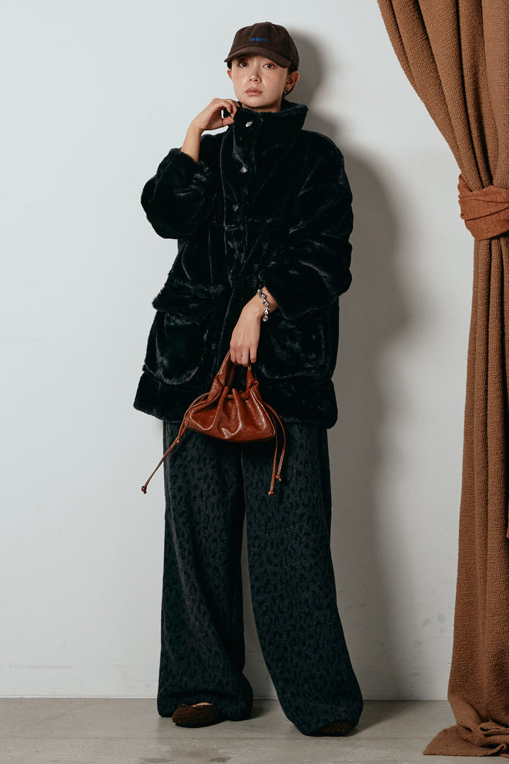 [SET]スタンドネックファーコート+レオパードジャガードニットパンツ(2set)