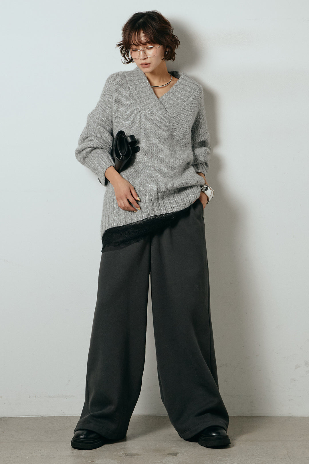 [SET]Vネックラメニットトップス+裏起毛スウェットワイドパンツ(2set)