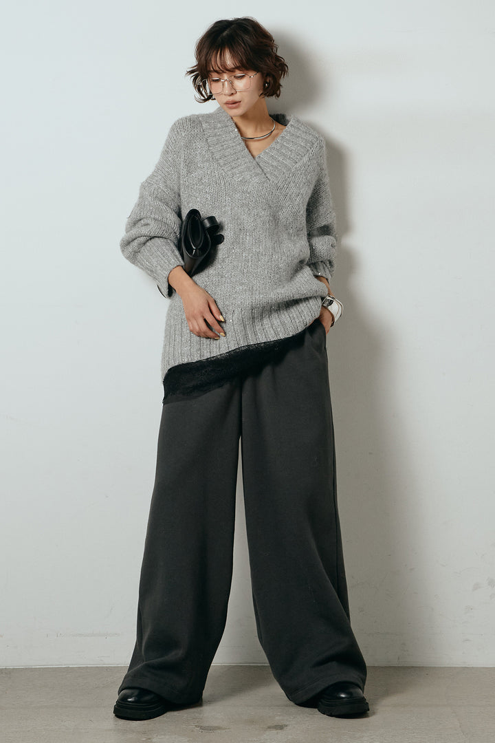 [SET]Vネックラメニットトップス+裏起毛スウェットワイドパンツ(2set)