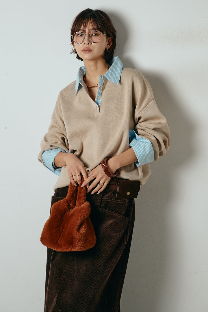 [SET]ストライプシャツドッキングポロトップス+ポーチベルト付きコーデュロイワイドスカート(2set)