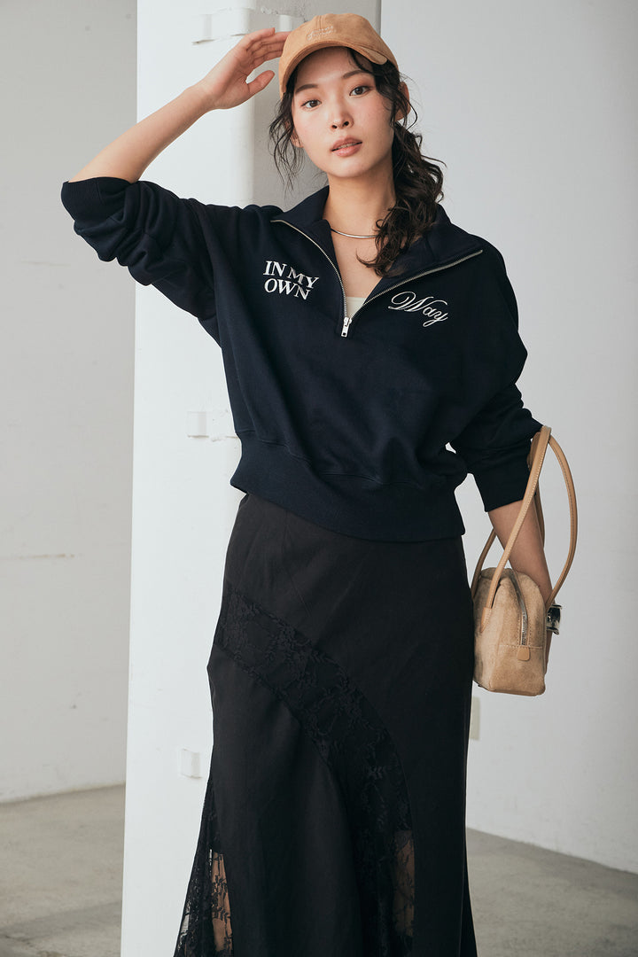 [SET]裏毛ロゴ刺繍ハーフZIPスウェット+刺繍レースデザインサテンスカート(2set)