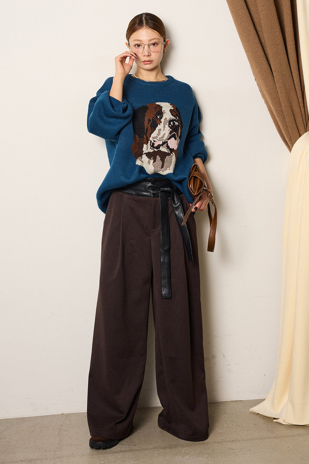 [SET]アニマルジャガード柄ニットトップス+巻ベルトウエストレザーライクワイドパンツ(2set)