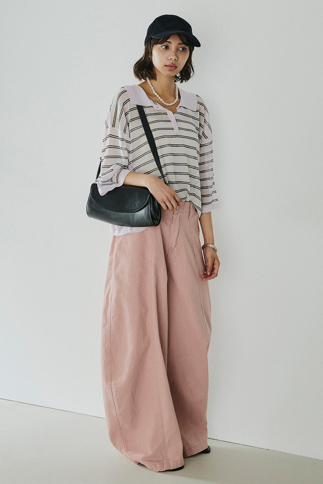 [SET]ボーダーニットポロシャツ+サイドベルトカーブワイドパンツ(2set)