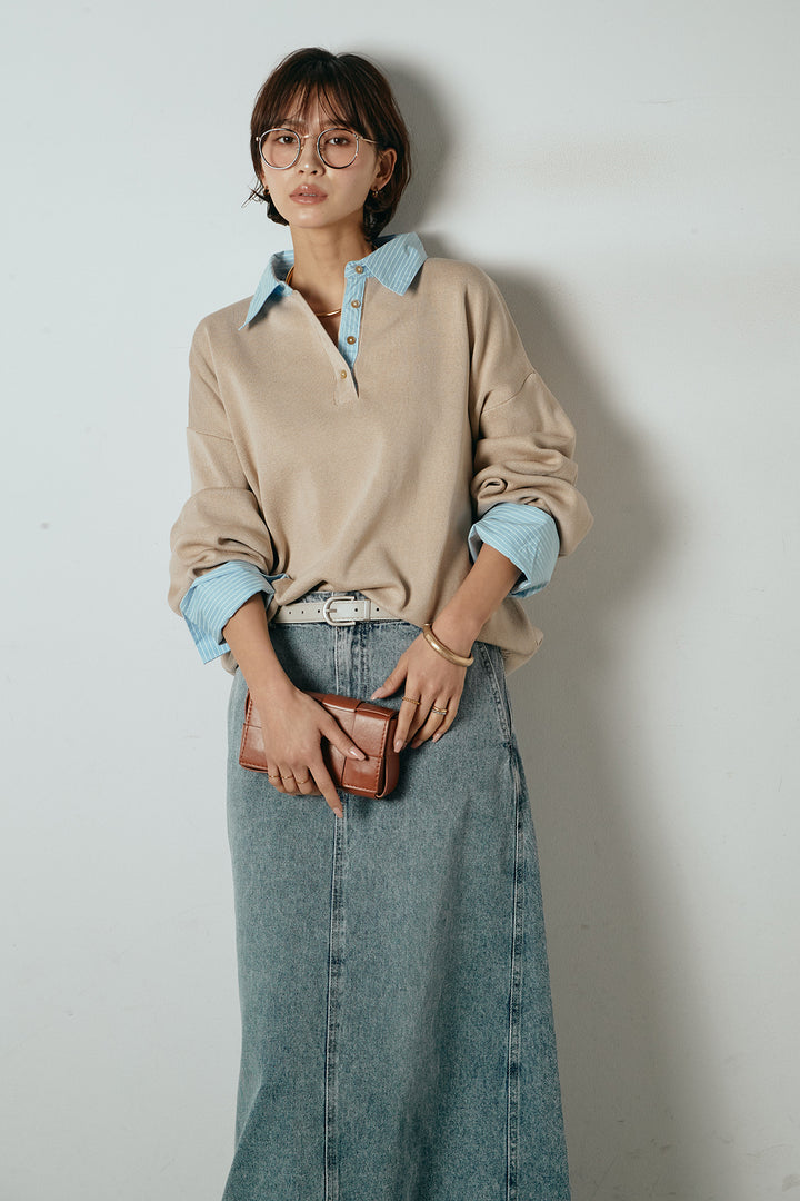 [SET]ストライプシャツドッキングポロトップス+デニムロングフレアスカート(2set)