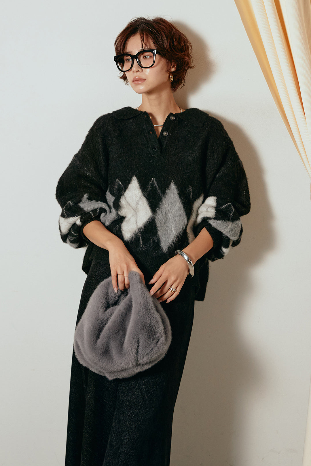 [SET]アーガイル柄ポロニットトップス+スウェードライクロングスカート(2set)