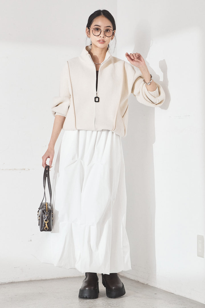 [SET]ハイネックパイピングデザインブルゾン+ランダムタックバルーンスカート(2set)