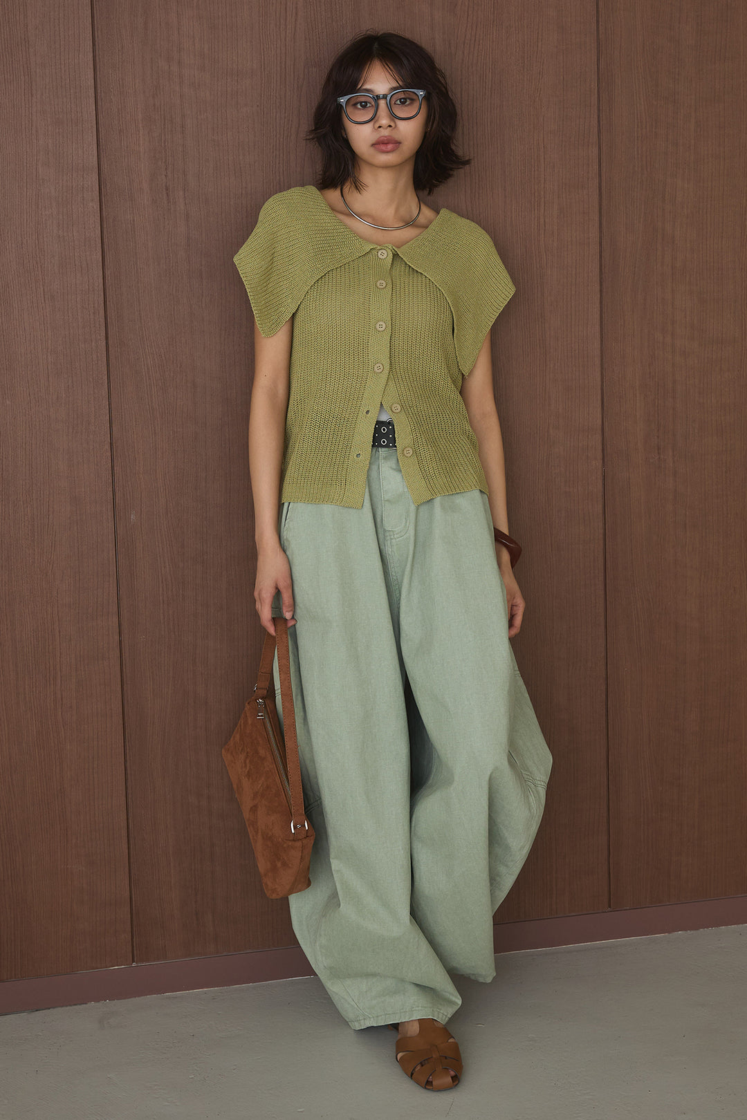 [SET]ビッグカラーボタンニットトップス+ベルト付きカラーデニムパンツ(2set)