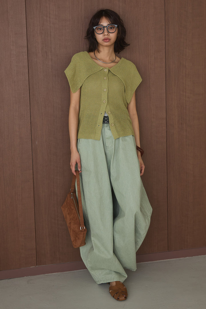 [SET]ビッグカラーボタンニットトップス+ベルト付きカラーデニムパンツ(2set)