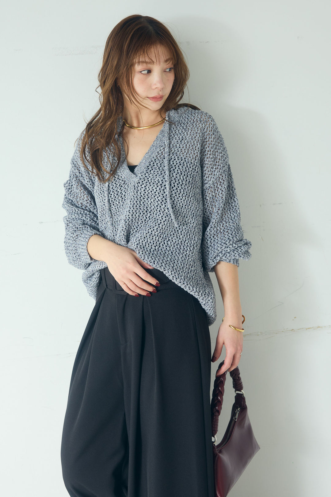 【即納】ミックスメッシュキーネックプルオーバー
