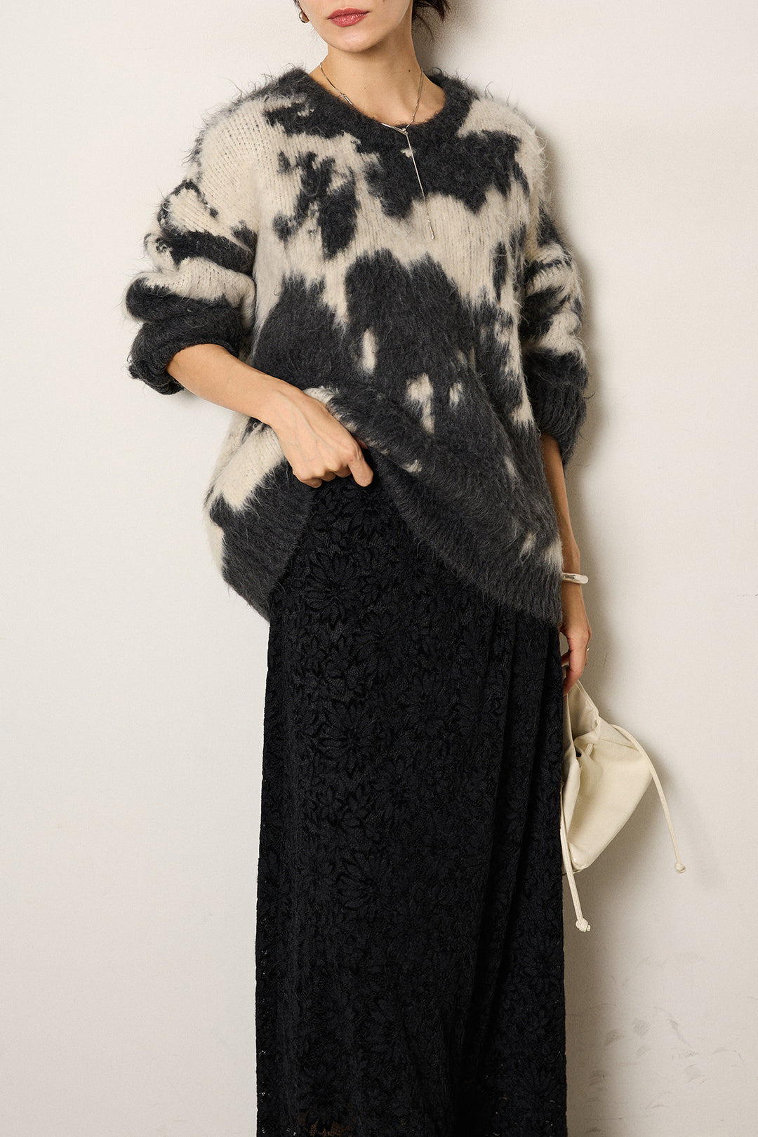 [SET]モヘアタッチマーブルニット+花柄刺繍ベロアフレアスカート(2set)