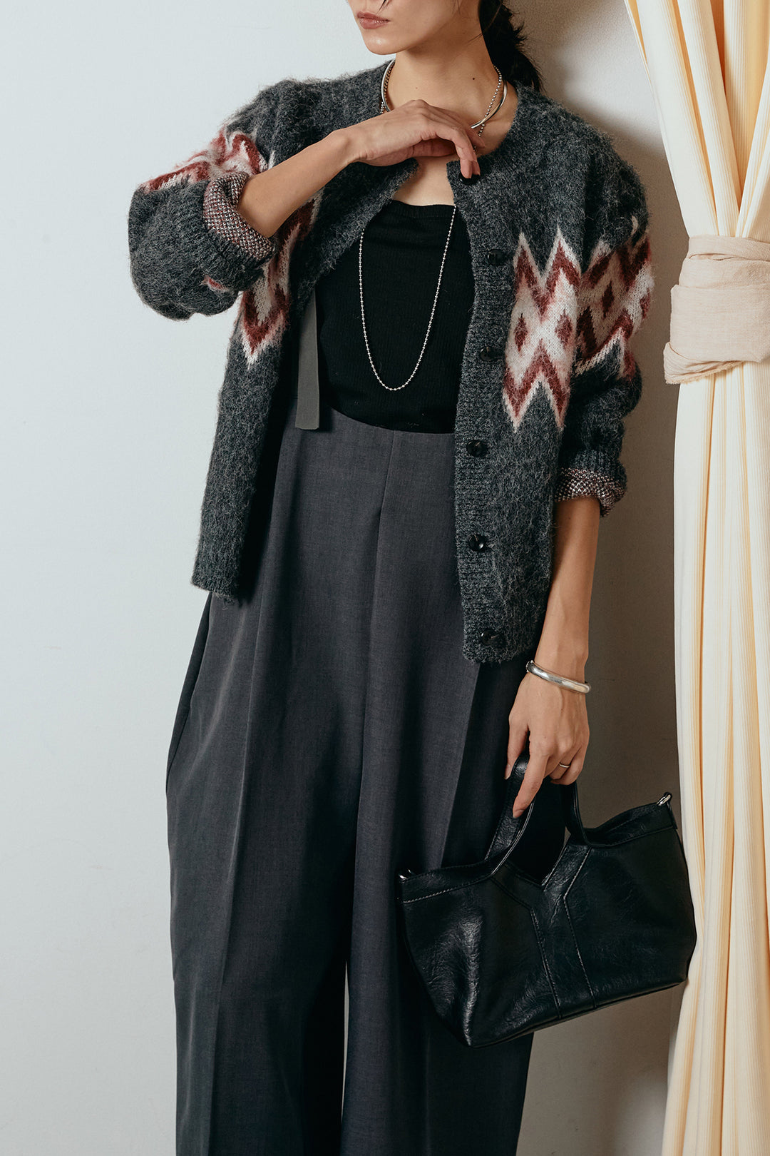 [SET]起毛ノルディック柄ニットカーディガン+ワイドツイルサロペット(2set)