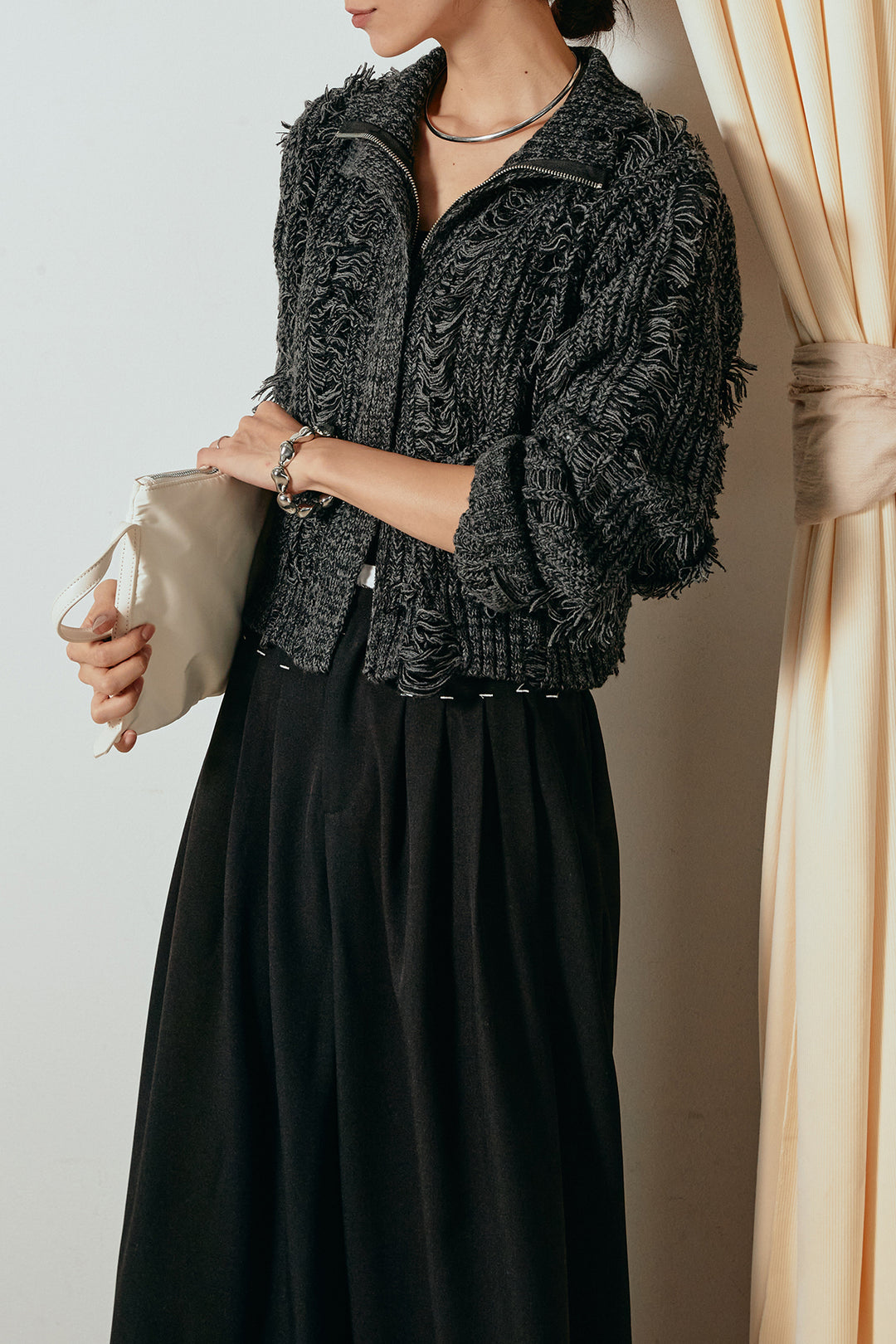 [SET]ハイネックフリンジジップニットトップス+ウエストステッチデザインワイドスラックス(2set)