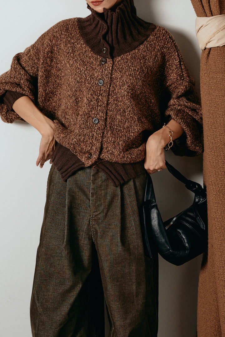 [SET]ハイネックミックスニットカーディガン+フロントタック入りコーデュロイパンツ(2set)