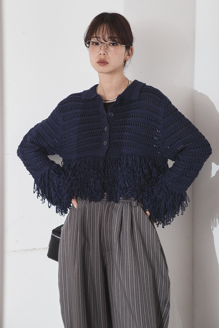 [SET]メッシュフリンジカーディガン+ヘリンボーンストライプツータックパンツ(2set)