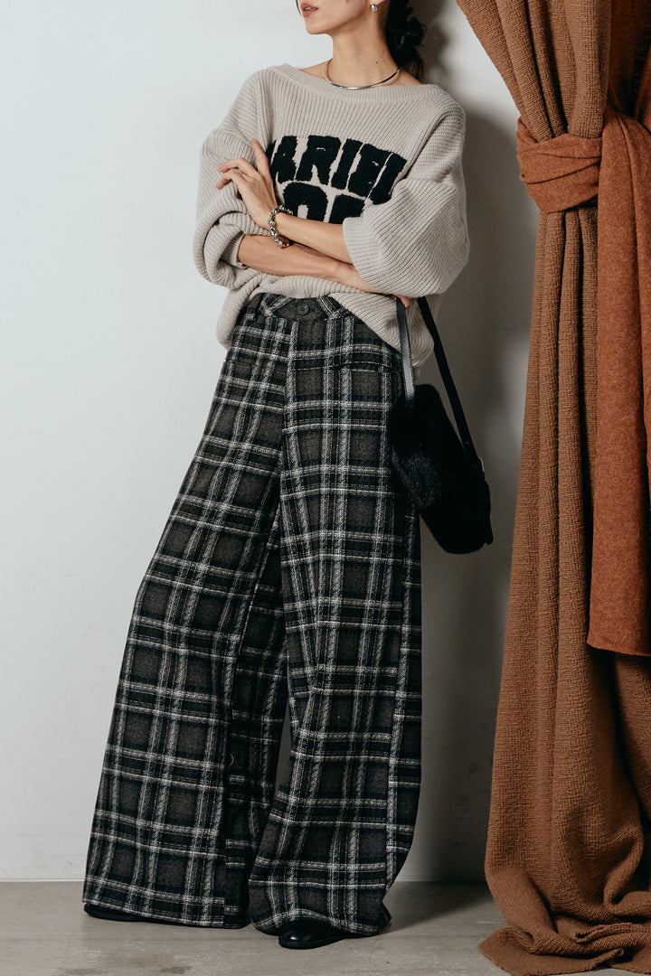 [SET]ロゴジャガードニットトップス+ルーズタータンチェックワイドパンツ(2set)