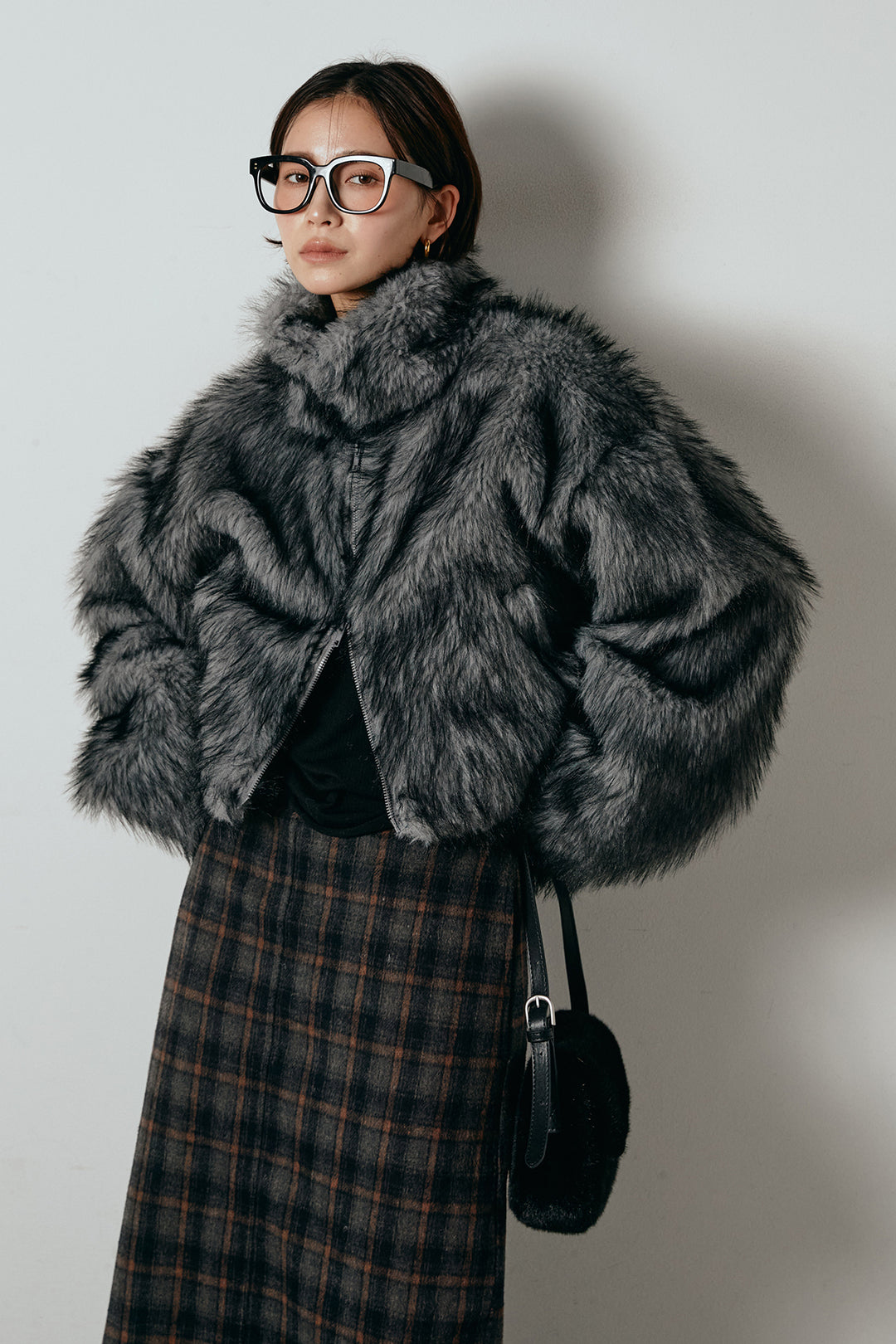 [SET]エコファーショート丈ブルゾン+シャギーチェックストレートスカート(2set)