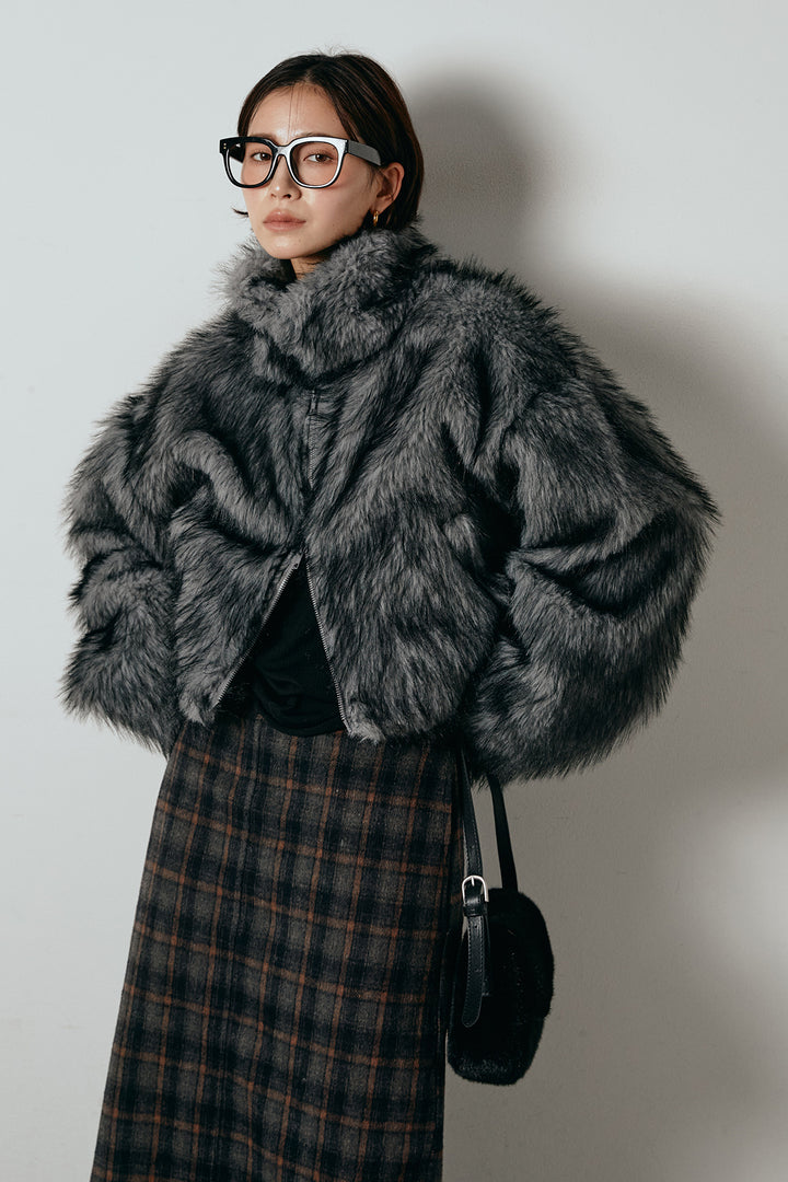 [SET]エコファーショート丈ブルゾン+シャギーチェックストレートスカート(2set)