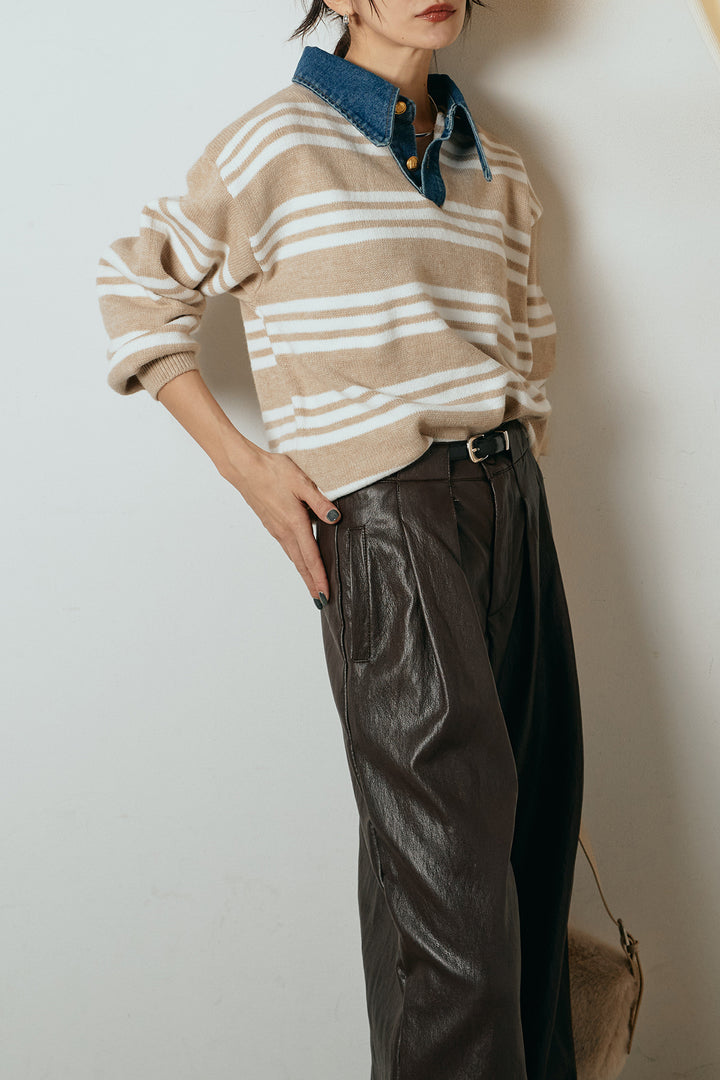 [SET]デニムレイヤード風ランダムボーダーニットプルオーバー+ベルト付きレザーライクタックパンツ(2set)