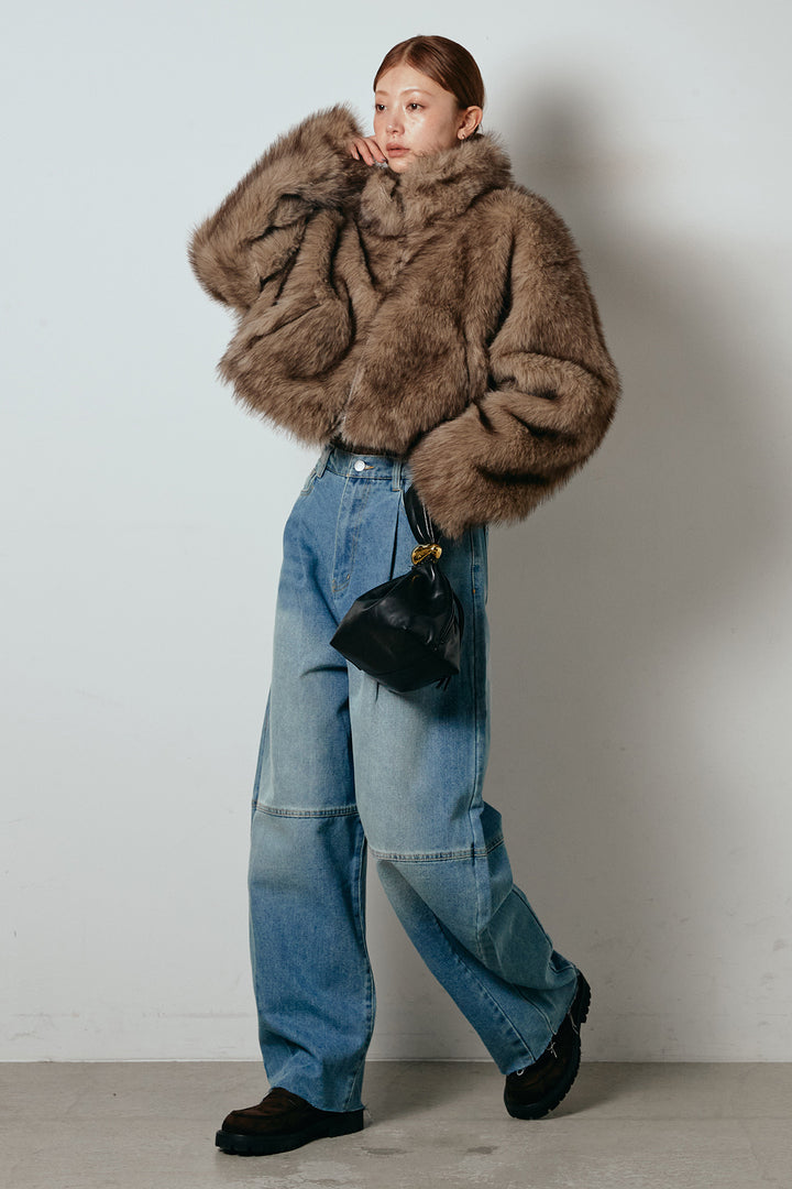 [SET]エコファーショート丈ブルゾン+加工デニムタックコクーンワイドパンツ(2set)