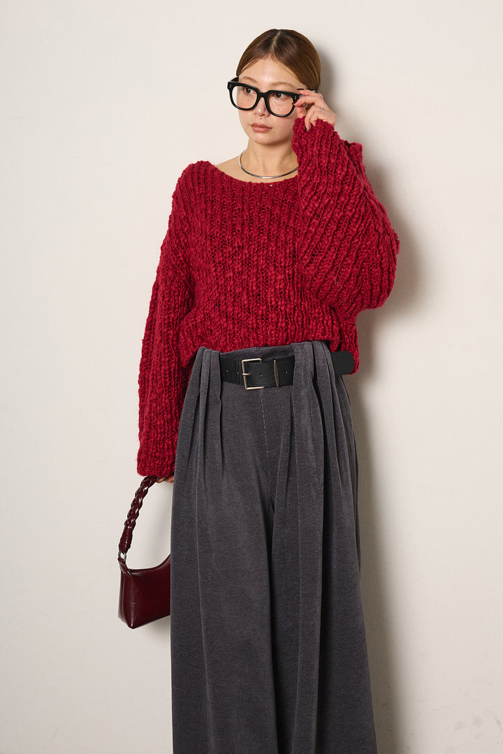 [SET]チャンキースラブニットクロップドプルオーバー+ベルトループコーデュロイワイドパンツ(2set)