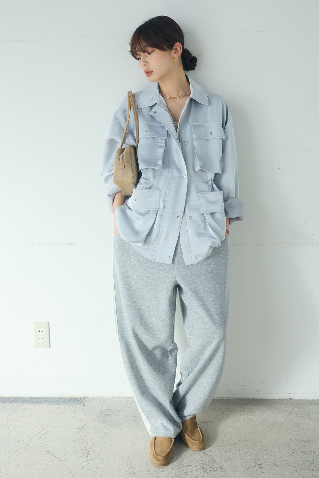 [SET]サテンライトブルゾン+異素材切り替えスウェットパンツ(2set)