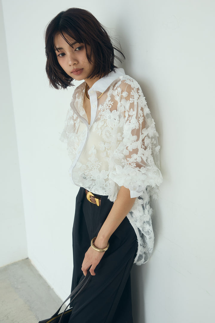 [SET]立体フラワー刺繍レースシャツ+ベルトループデザインハイウエストタックパンツ(2set)
