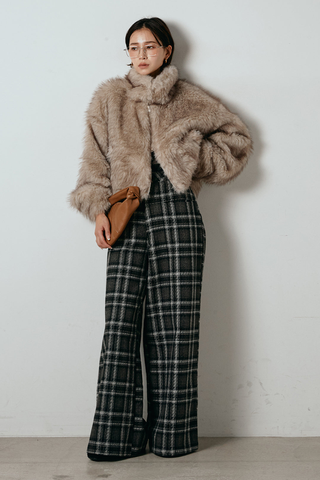 [SET]エコファーショート丈ブルゾン+ルーズタータンチェックワイドパンツ(2set)
