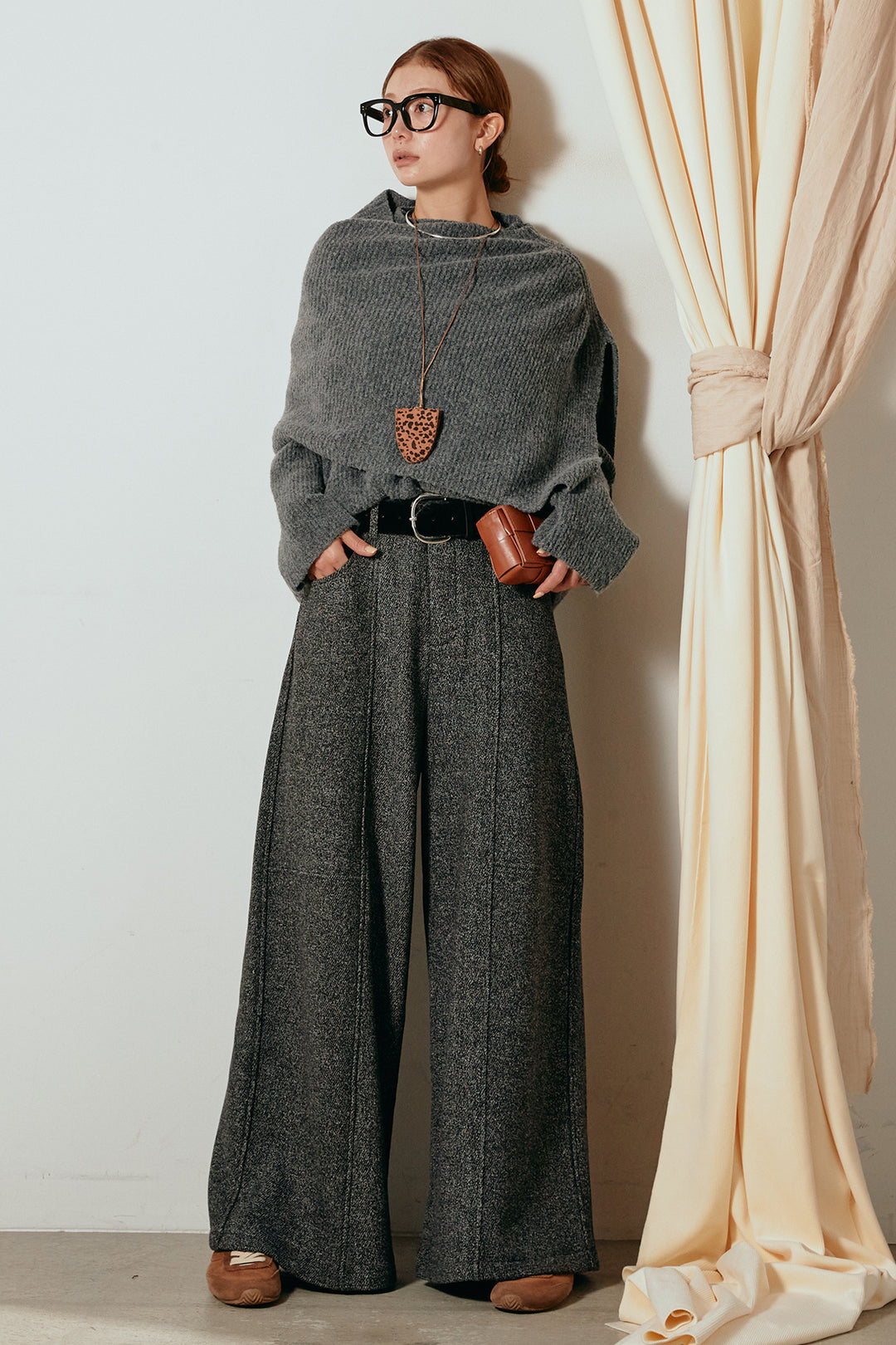 [SET]ケープデザインリブニットトップス+太ベルト付きツイードワイドパンツ(2set)