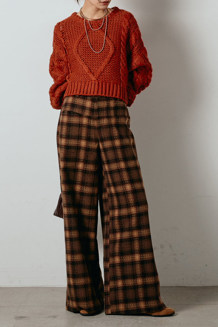 [SET]ロービングケーブルショート丈プルオーバー+ルーズタータンチェックワイドパンツ(2set)