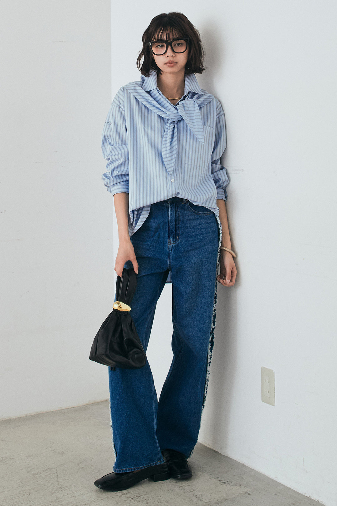 [SET]ランダムストライプスカーフ付きシャツ+デニムサイドフリルパンツ(2set)
