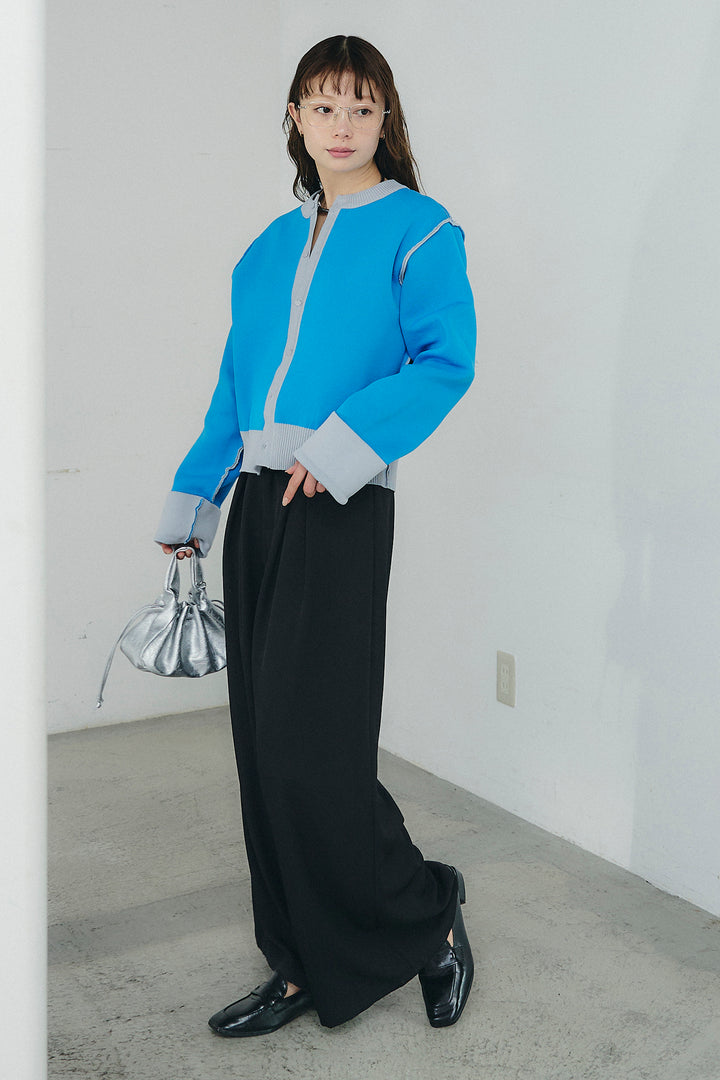 [SET]リバーシブル配色ニットカーディガン+ベルト付きツータックワイドパンツ(2set)