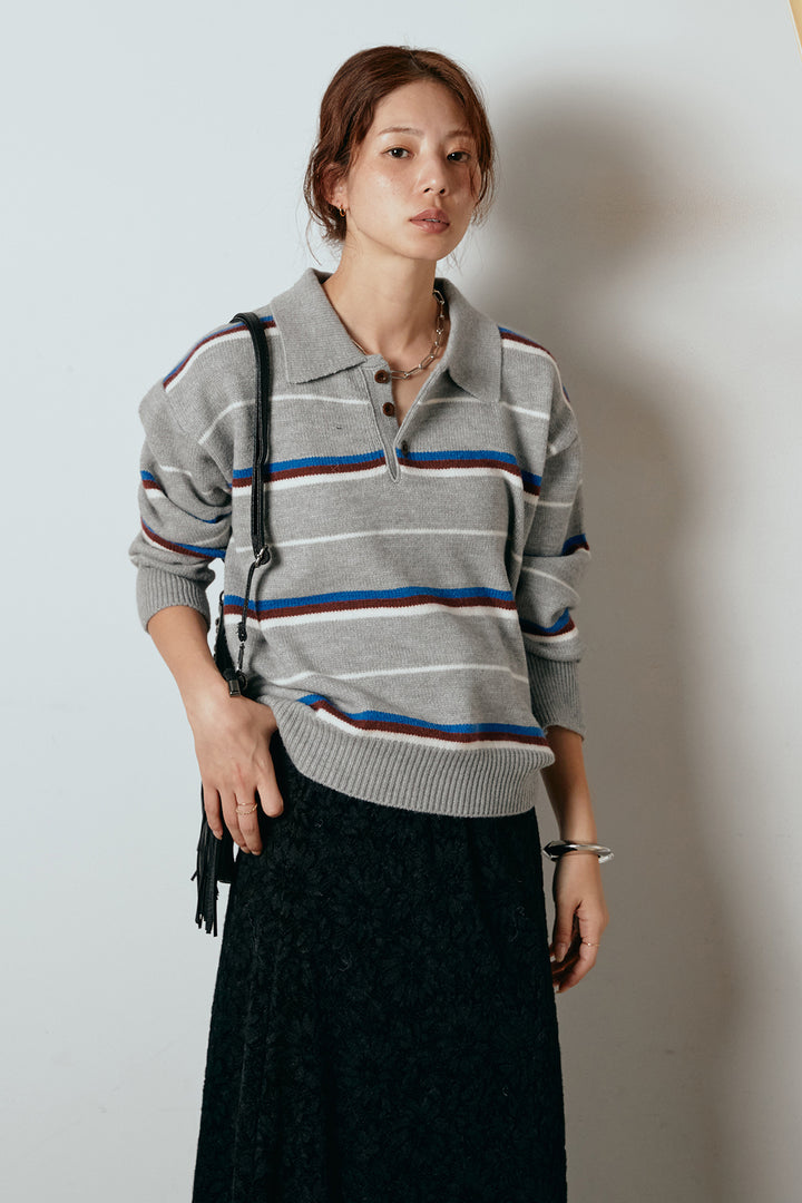 [SET]襟付きマルチボーダーニットポロトップス+花柄刺繍ベロアフレアスカート(2set)