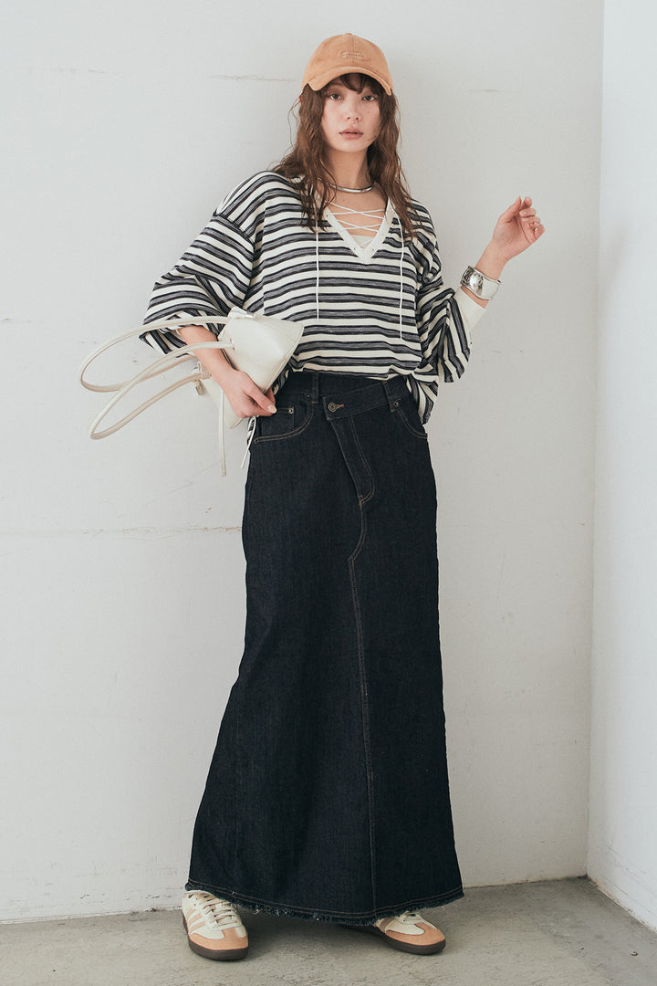 [SET]レースアップワッフルボーダートップス+ウエストクロスデニムタイトスカート(2set)