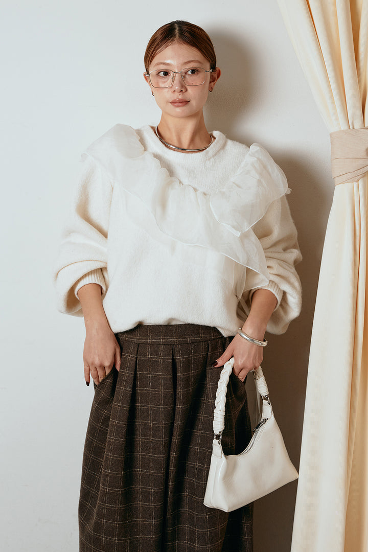 [SET]アシンメトリーフリルニットトップス+ウールライクチェックタックパンツ(2set)