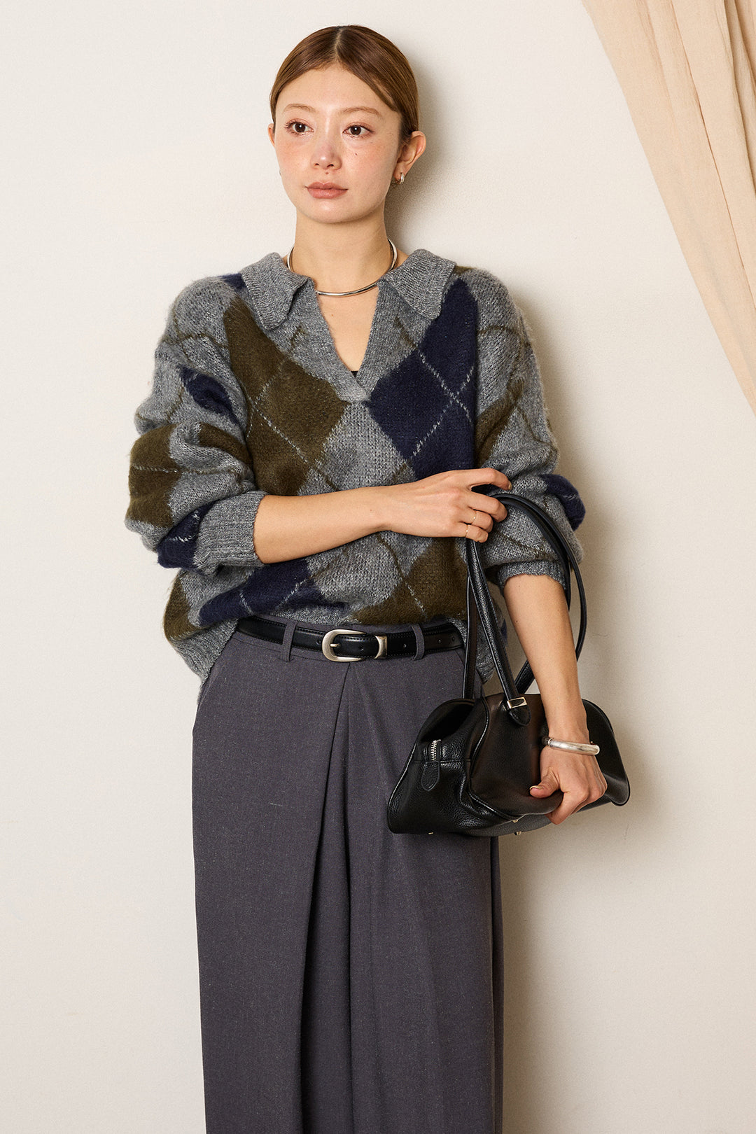 [SET]アクリルモヘアアーガイルキーネックプルオーバー+フロントワイドタックネップ入ワイドパンツ(2set)