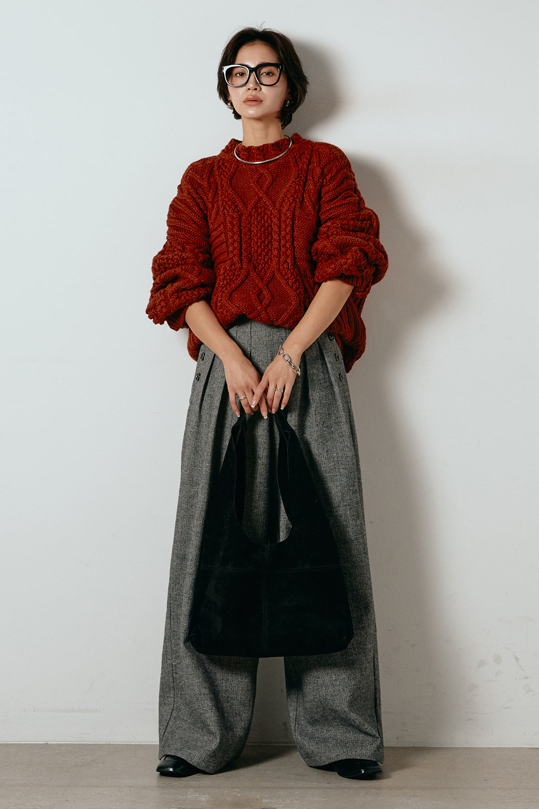 [SET]アラン柄ミックスケーブルニット+サイドボタンツイードタックパンツ(2set)